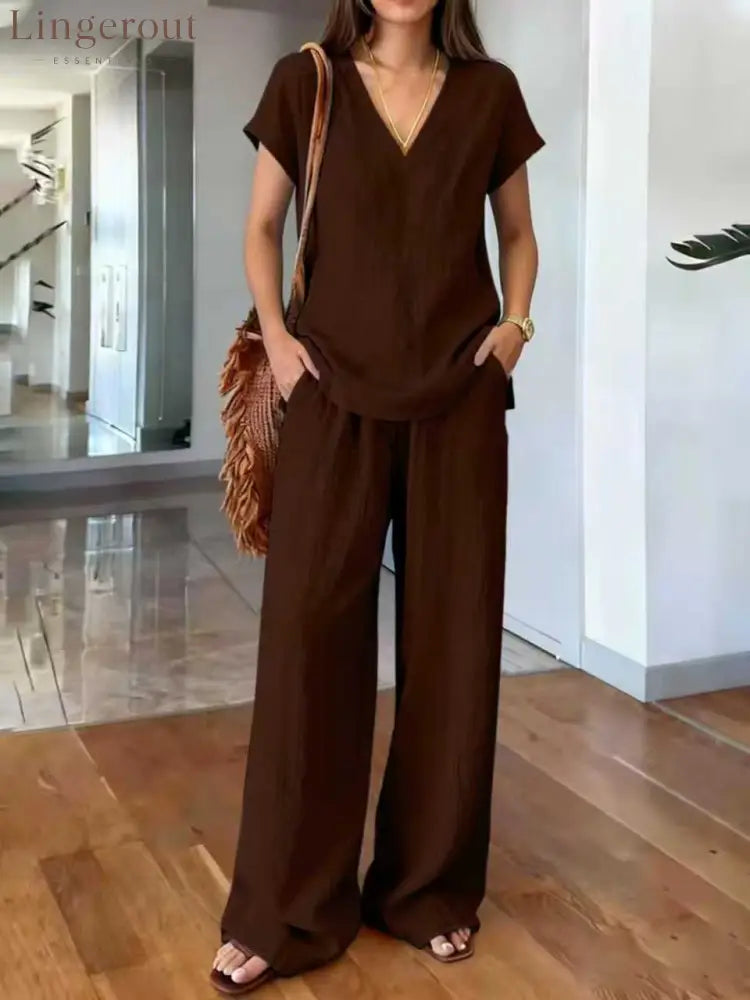 Linen V Neck Cap Sleeve Top & Elastic Waist Wide Leg Pants 2 Piece Co-Ord Set - Brown / S