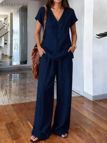 Linen V Neck Cap Sleeve Top & Elastic Waist Wide Leg Pants 2 Piece Co-Ord Set - Navy blue / S
