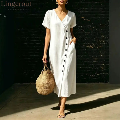 Linen Wrap V Neck Side Button Short Sleeve Midi Dress