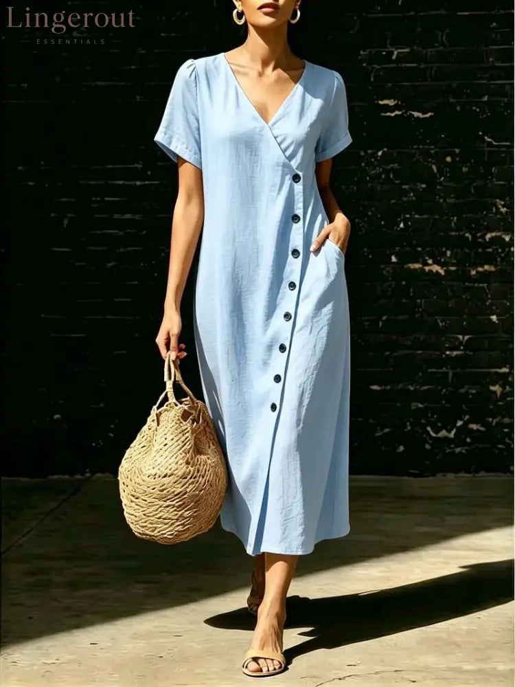Linen Wrap V Neck Side Button Short Sleeve Midi Dress - Sky blue / S