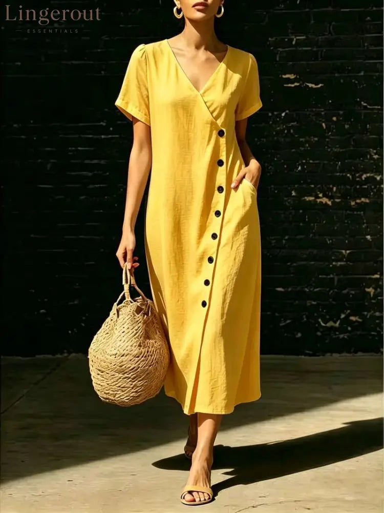 Linen Wrap V Neck Side Button Short Sleeve Midi Dress - Yellow / S