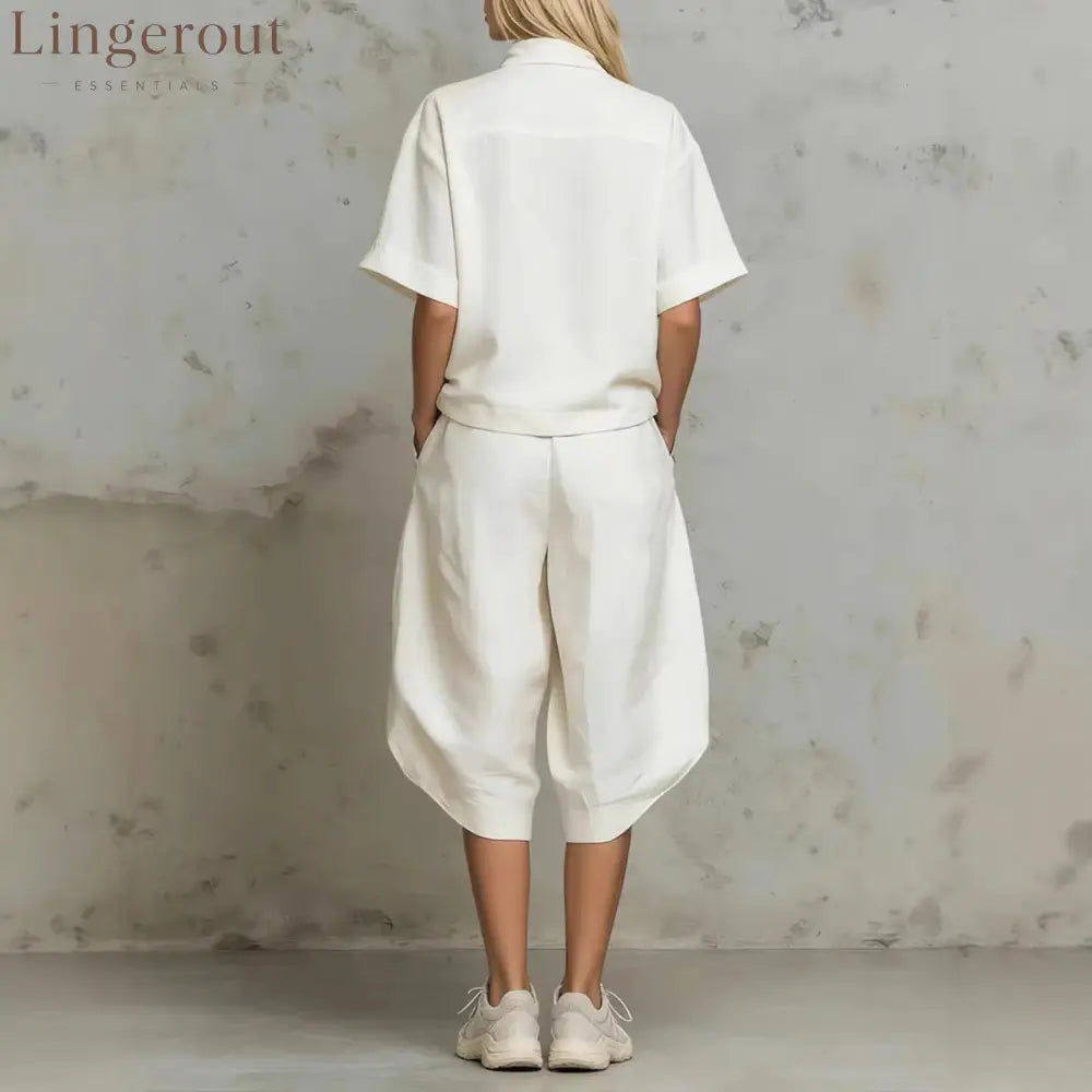 Linen Zip-Neck Top & Harem Culottes Set