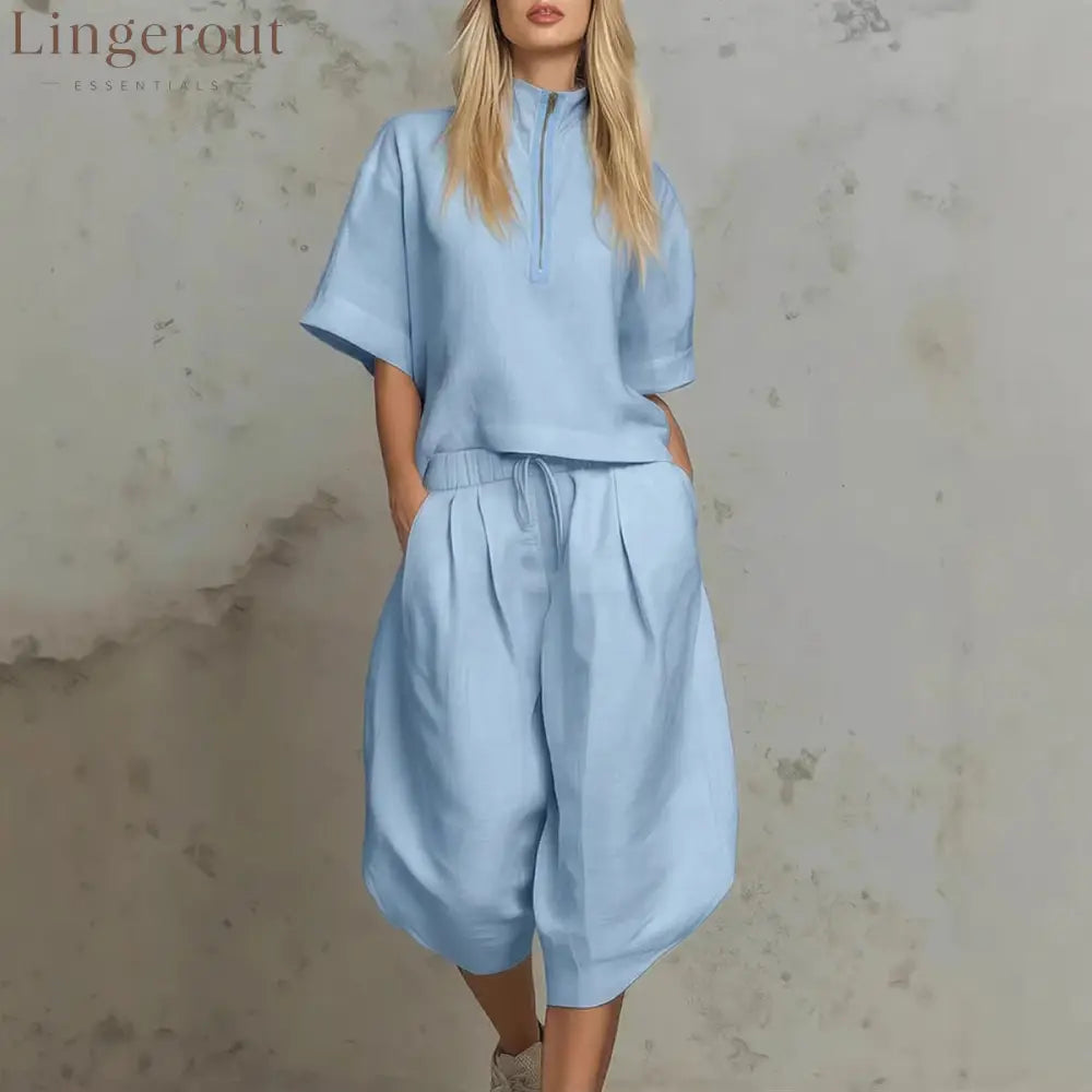 Linen Zip-Neck Top & Harem Culottes Set - Light blue / S