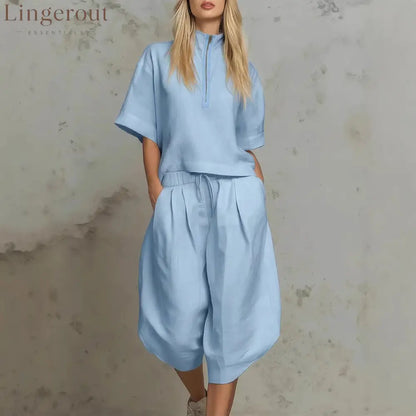 Linen Zip-Neck Top & Harem Culottes Set - Light blue / S