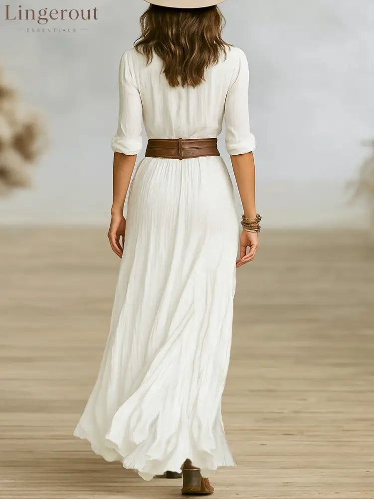 Long Belted Dress With Pleated Lapels