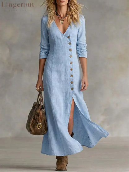 Long Multi-Button Fashion Cotton And Linen Dresses - Light blue / S