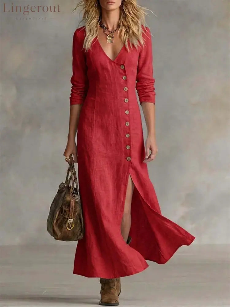 Long Multi-Button Fashion Cotton And Linen Dresses - Red / S