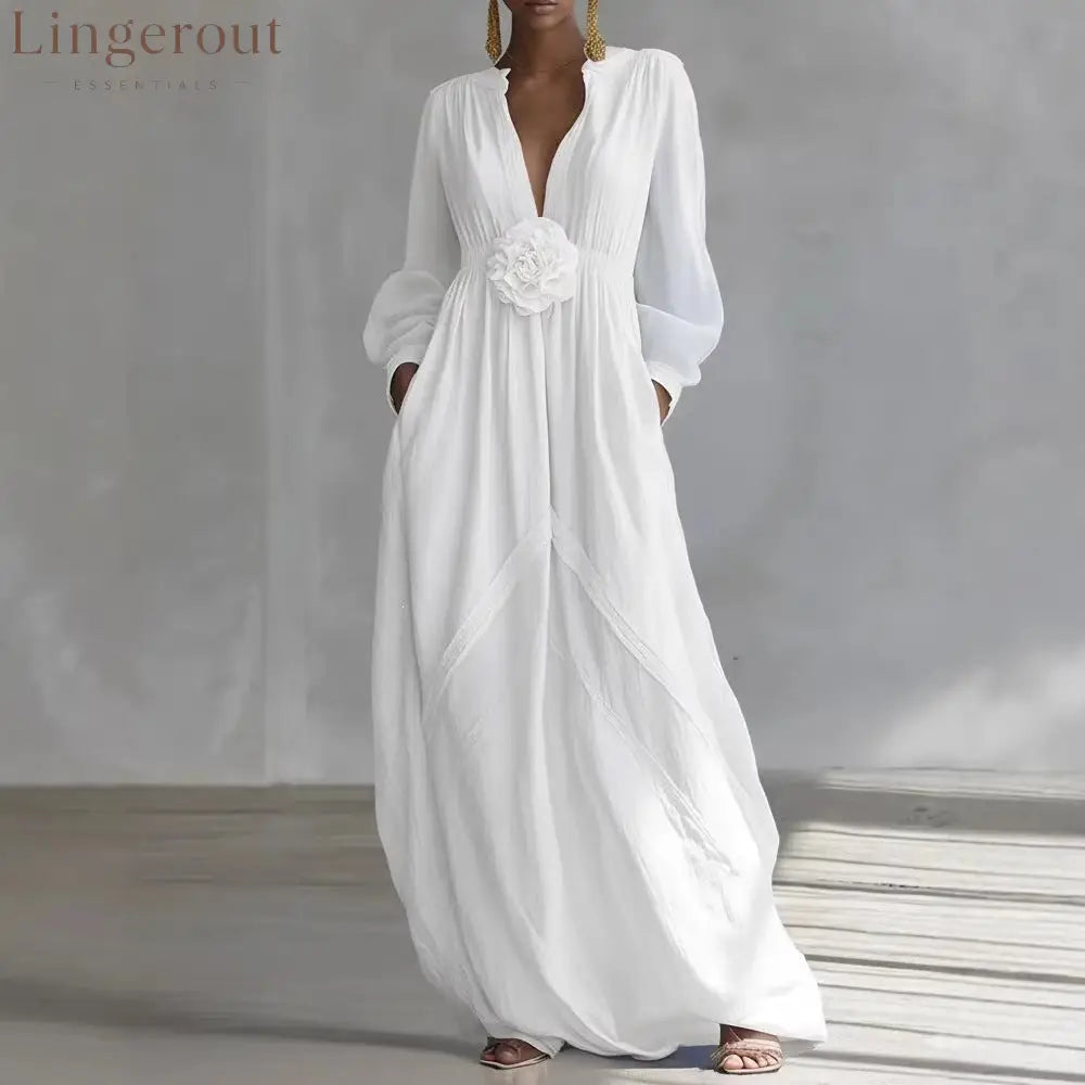 Long Puff Sleeve Textured Fabric Flowy Wedding Guest Dress with Side Pockets