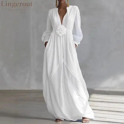 Long Puff Sleeve Textured Fabric Flowy Wedding Guest Dress with Side Pockets