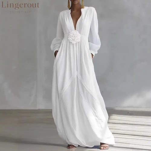 Long Puff Sleeve Textured Fabric Flowy Wedding Guest Dress with Side Pockets