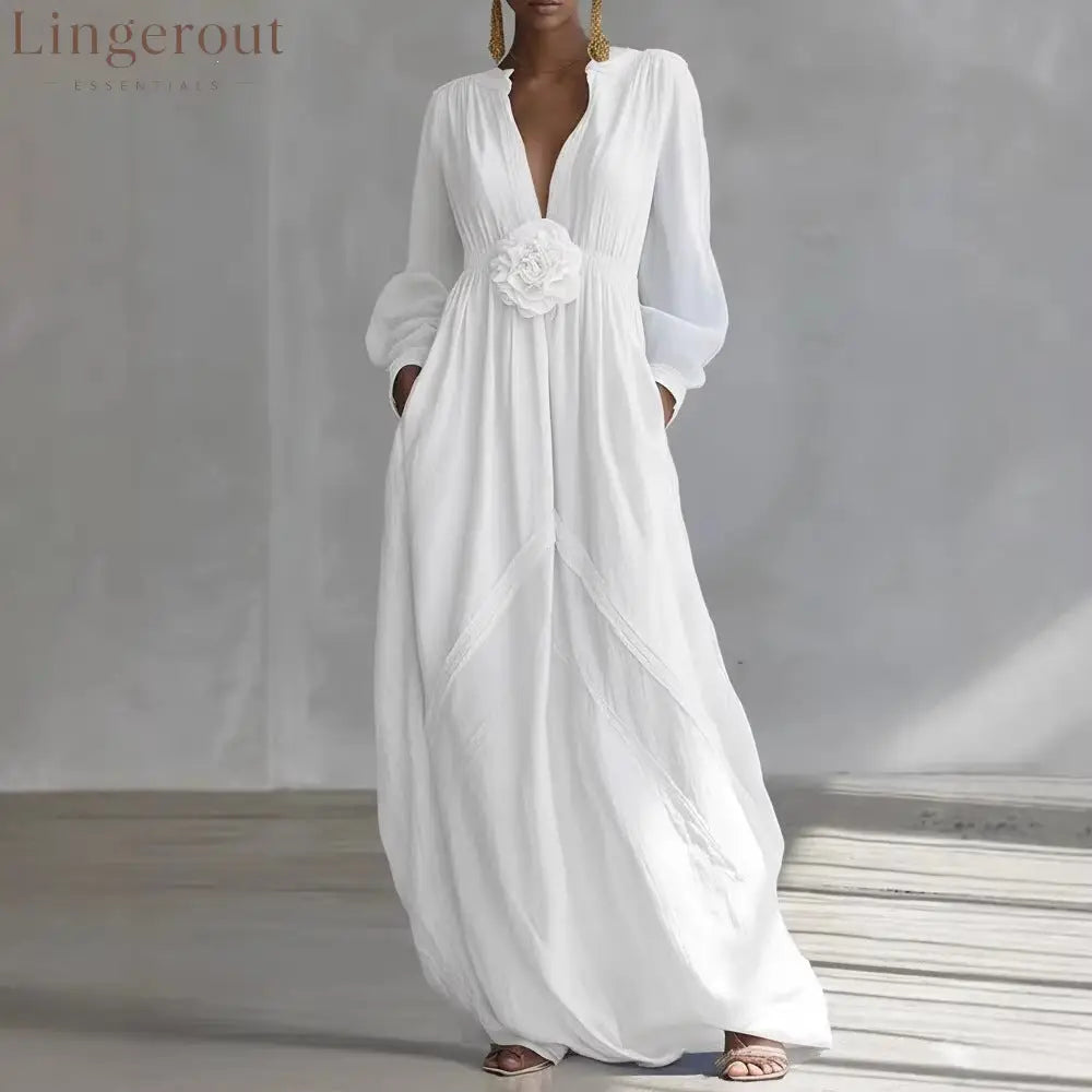 Long Puff Sleeve Textured Fabric Flowy Wedding Guest Dress with Side Pockets