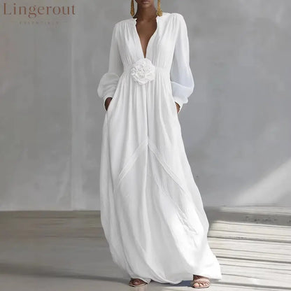 Long Puff Sleeve Textured Fabric Flowy Wedding Guest Dress with Side Pockets