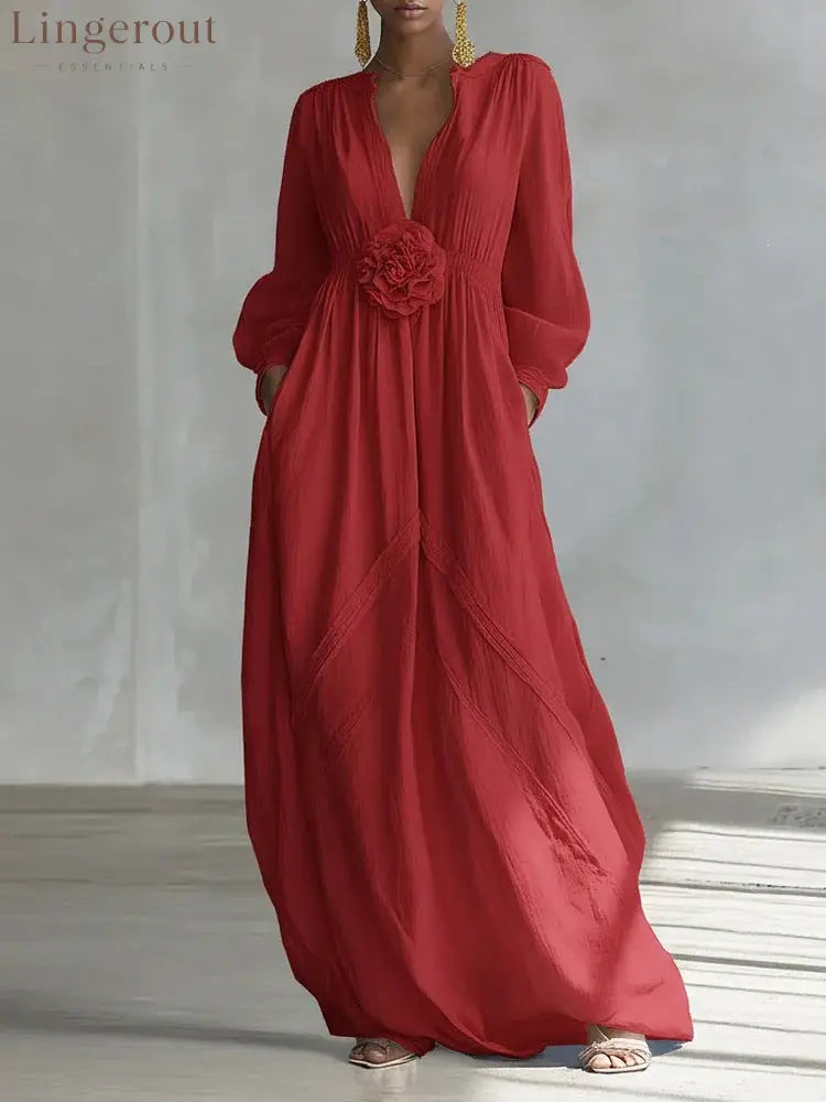 Long Puff Sleeve Textured Fabric Flowy Wedding Guest Dress with Side Pockets - Deep red / S