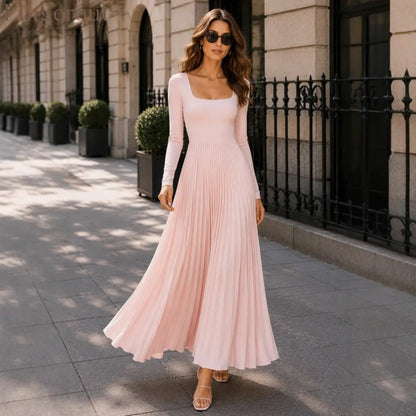 Long Sleeve Square Neck Pleated Maxi Dress