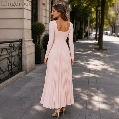 Long Sleeve Square Neck Pleated Maxi Dress