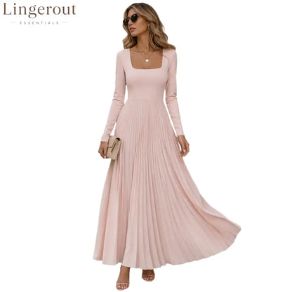 Long Sleeve Square Neck Pleated Maxi Dress