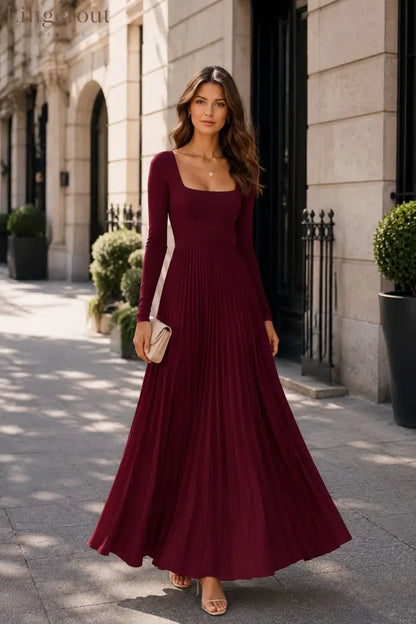 Long Sleeve Square Neck Pleated Maxi Dress - Burgundy / S