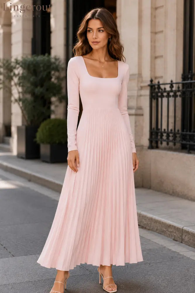 Long Sleeve Square Neck Pleated Maxi Dress - Pink / S