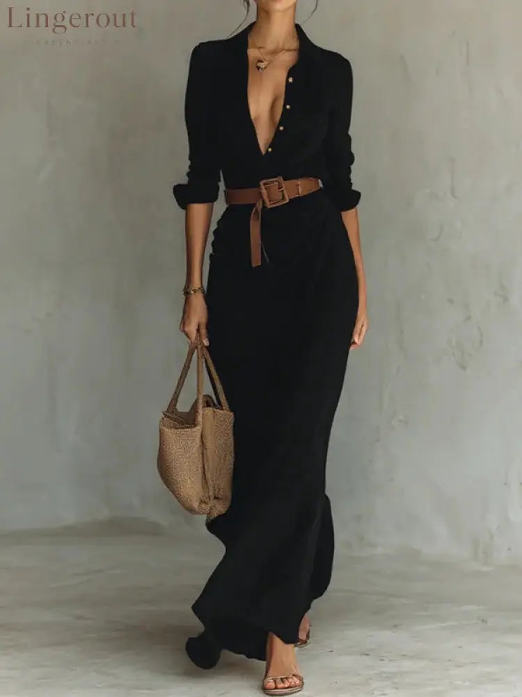 Long Sleeves Split-Joint Lapel Maxi Dresses Shirt Dress - BLACK / S