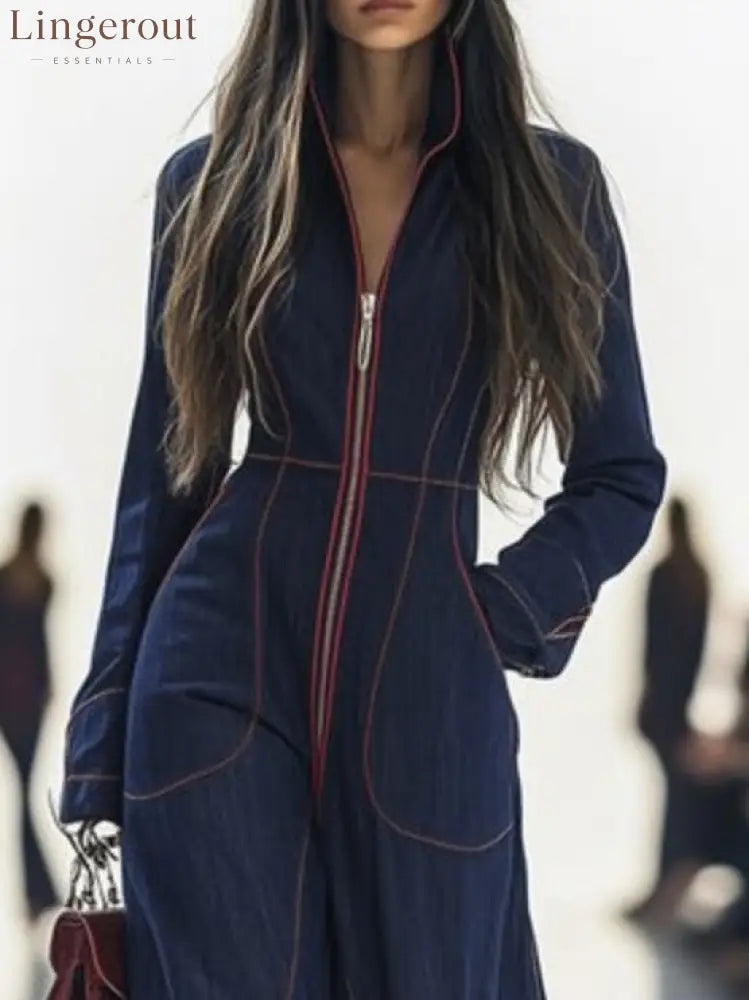 Long Sleeves Wide Leg Zipper Stand Collar Jumpsuits