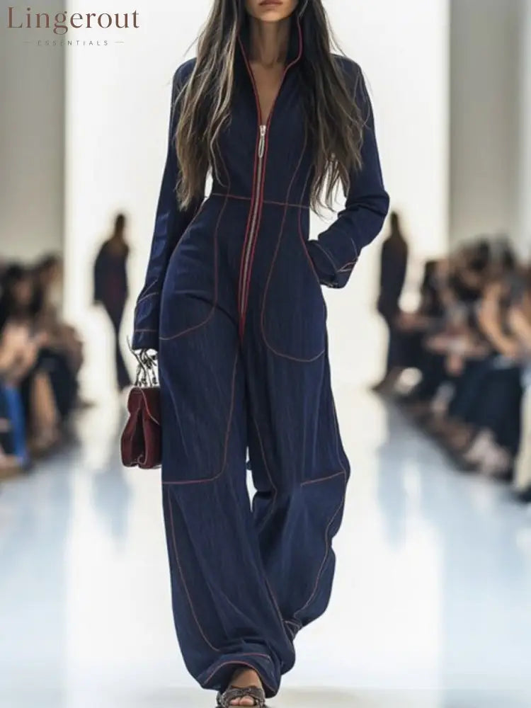 Long Sleeves Wide Leg Zipper Stand Collar Jumpsuits - DEEP BLUE / S