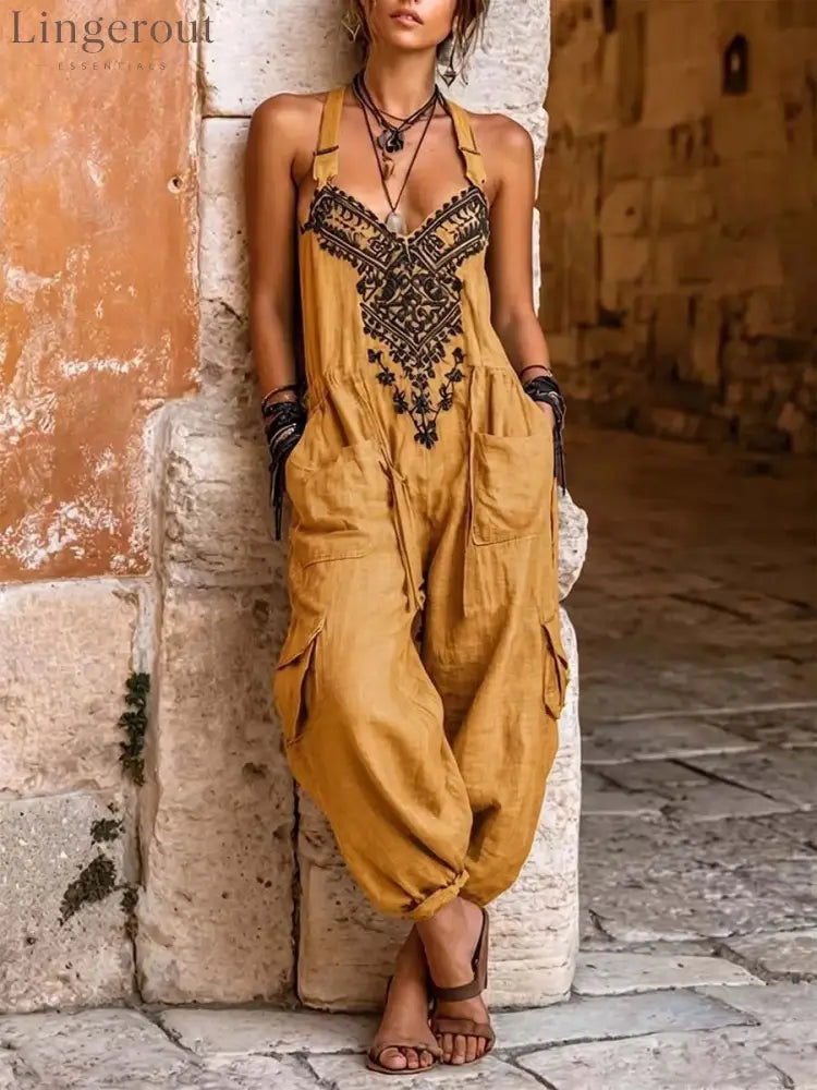 Loose Cargo Jumpsuit with Pockets - Orange / S