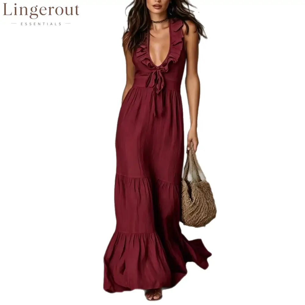 Loose Casual Deep V Ruffled Sleeveless Long Skirt Dress