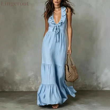 Loose Casual Deep V Ruffled Sleeveless Long Skirt Dress