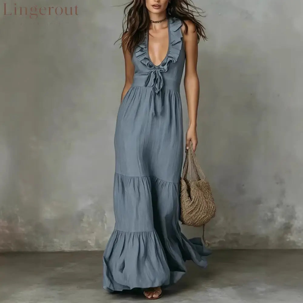 Loose Casual Deep V Ruffled Sleeveless Long Skirt Dress
