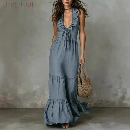 Loose Casual Deep V Ruffled Sleeveless Long Skirt Dress