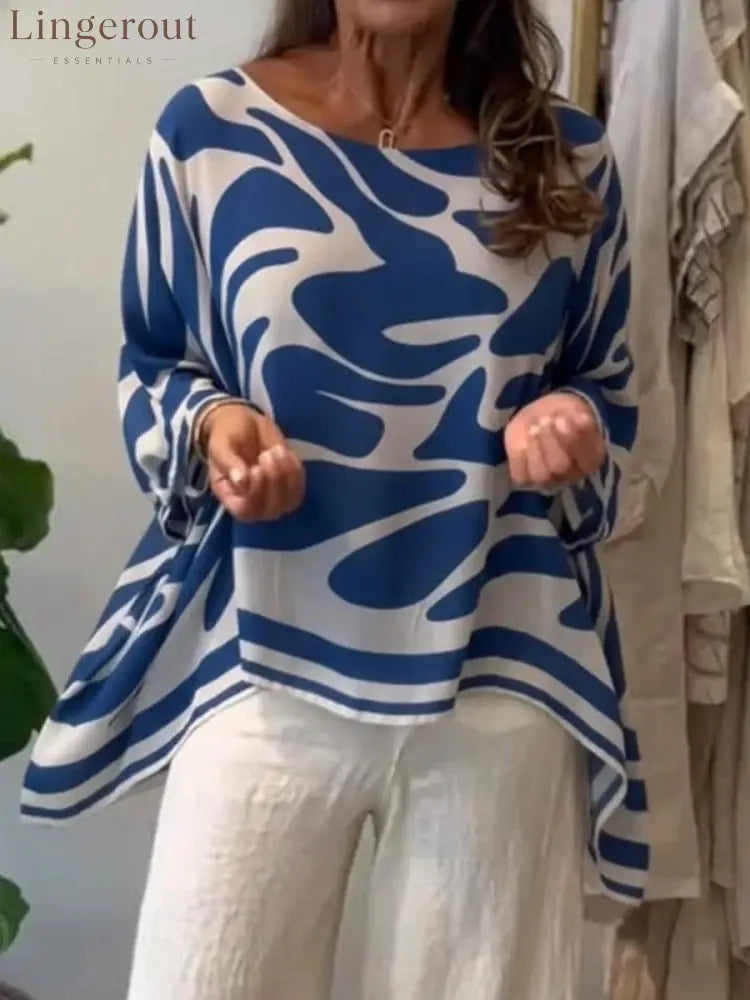 Loose-fitting Casual Printed Chiffon Top - Blue / S