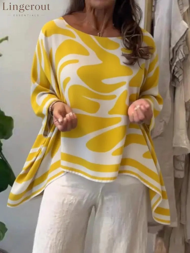 Loose-fitting Casual Printed Chiffon Top - Yellow / S