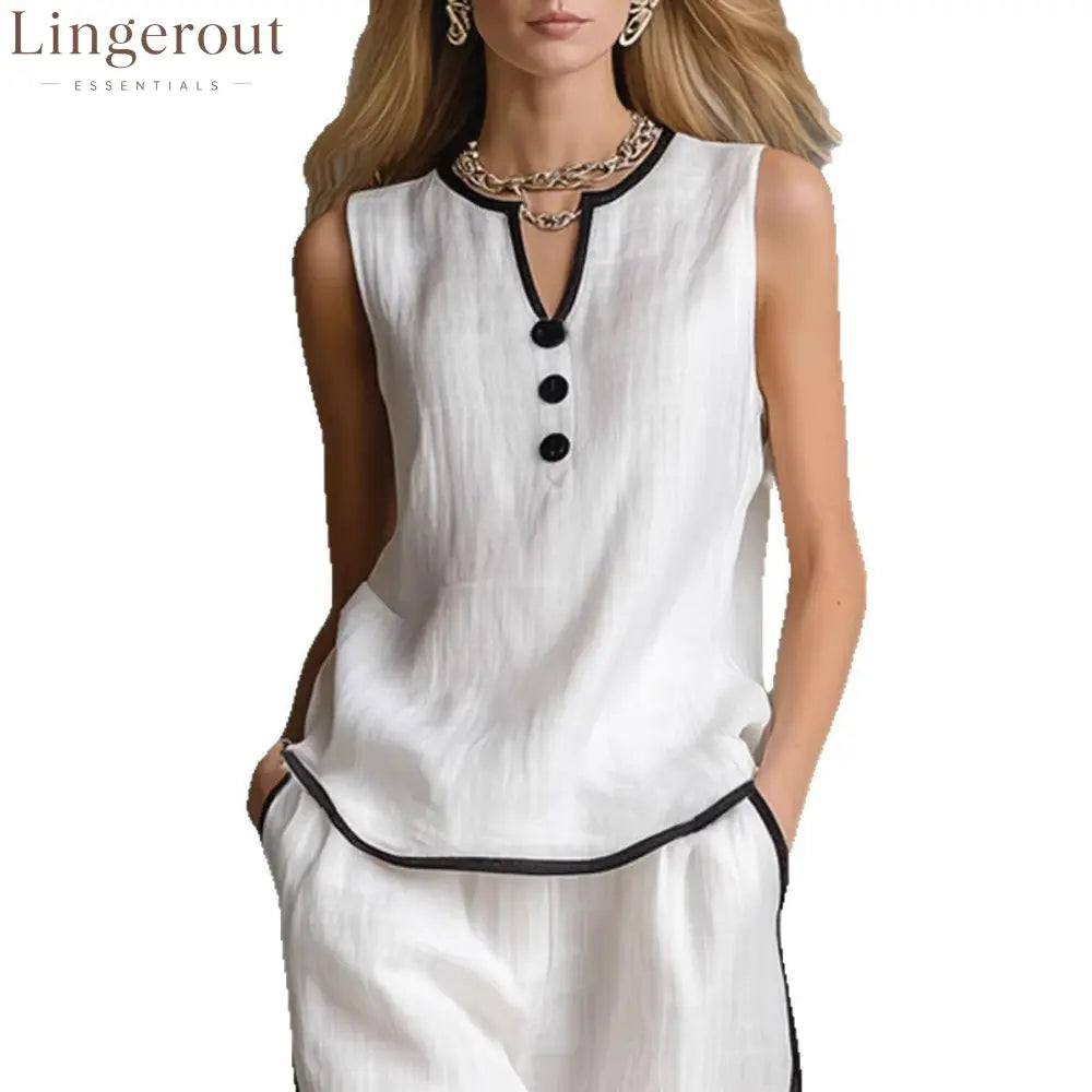 Loose-fitting Cotton-linen Color-blocked Sleeveless Top And Pants Set