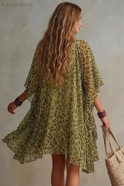 Loose-fitting Flowy V-neck Leopard Print Chiffon Dress