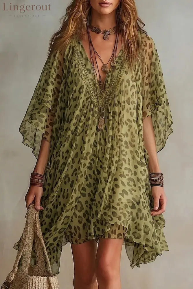 Loose-fitting Flowy V-neck Leopard Print Chiffon Dress - Green / S