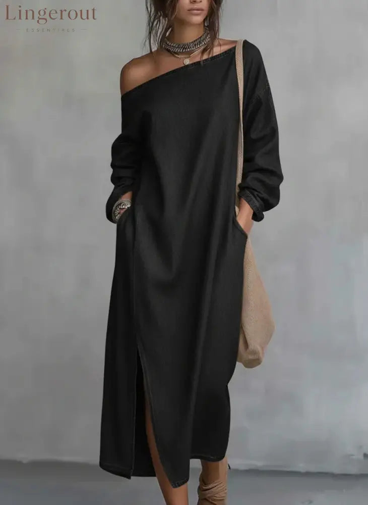Loose-fitting One Shoulder Split Hem Cotton Linen Midi Dress - Black / S - Dresses