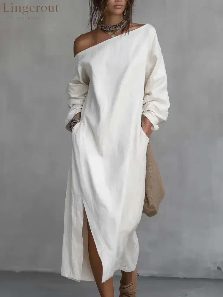 Loose-fitting One Shoulder Split Hem Cotton Linen Midi Dress - Dresses