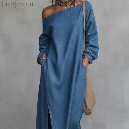 Loose-fitting One Shoulder Split Hem Cotton Linen Midi Dress - Dresses