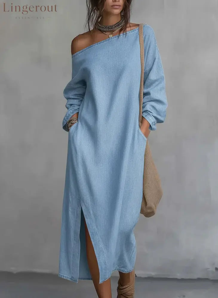 Loose-fitting One Shoulder Split Hem Cotton Linen Midi Dress - Sky blue / S - Dresses