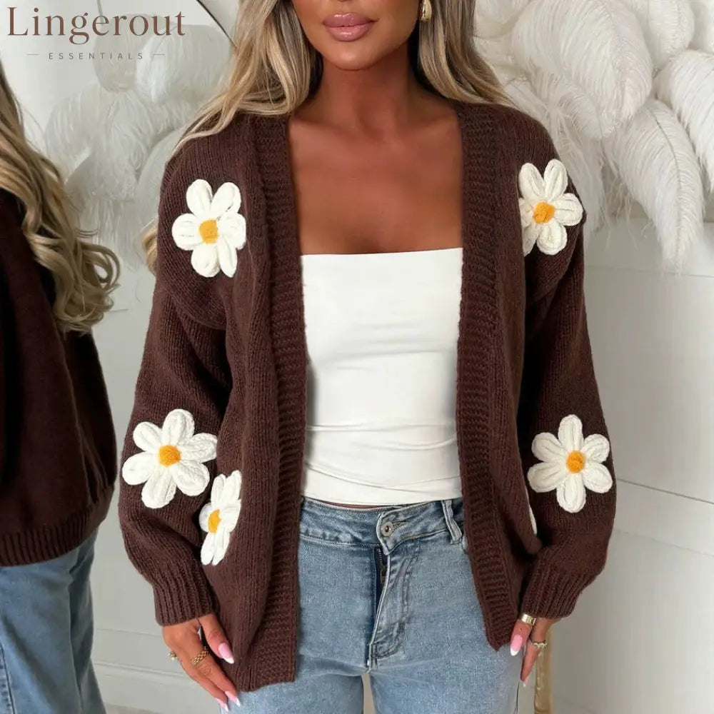 Sweet Big Flower Knitted Cardigan For Women Cross-Border Foreign Trade Autumn And Winter New Loose Handmade