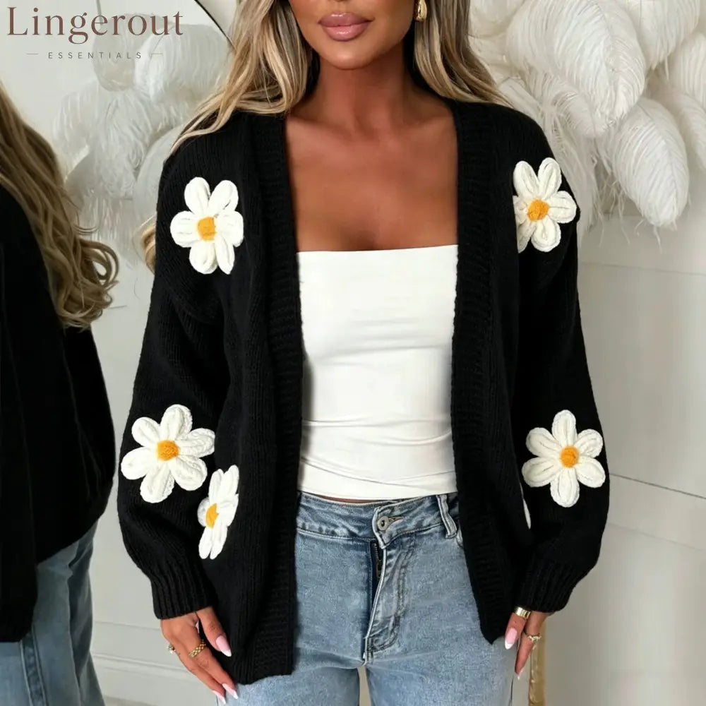 Sweet Big Flower Knitted Cardigan For Women Cross-Border Foreign Trade Autumn And Winter New Loose Handmade