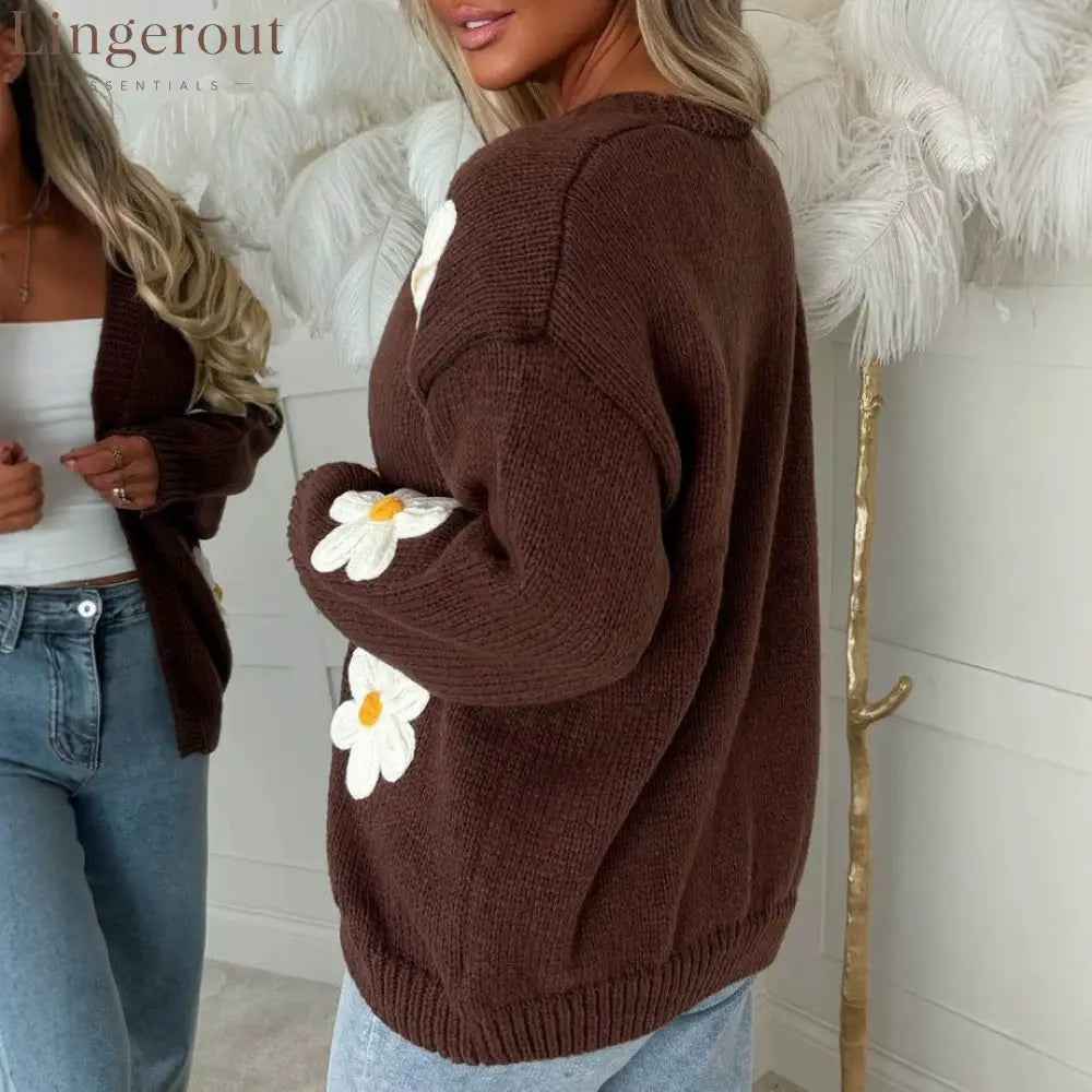 Sweet Big Flower Knitted Cardigan For Women Cross-Border Foreign Trade Autumn And Winter New Loose Handmade
