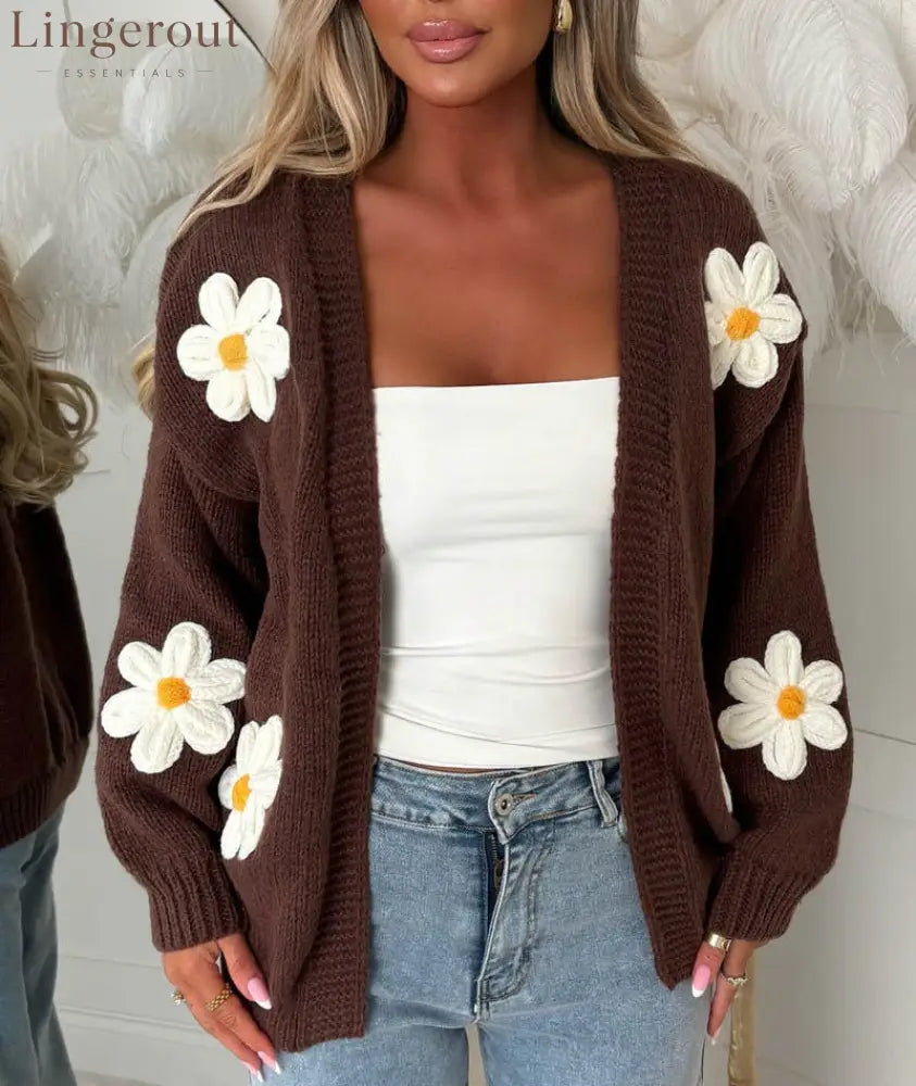 Sweet Big Flower Knitted Cardigan For Women Cross-Border Foreign Trade Autumn And Winter New Loose Handmade