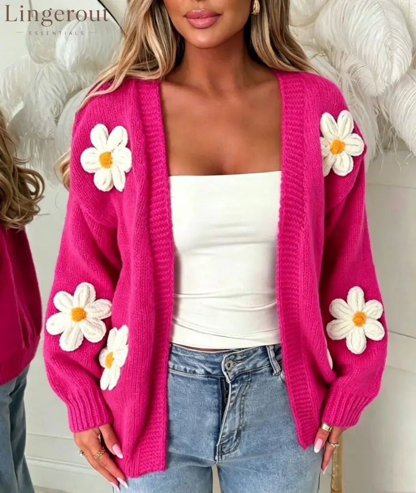 Sweet Big Flower Knitted Cardigan For Women Cross-Border Foreign Trade Autumn And Winter New Loose Handmade
