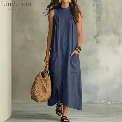 Loose Pocket Sleeveless Linen Blend Maxi Dress