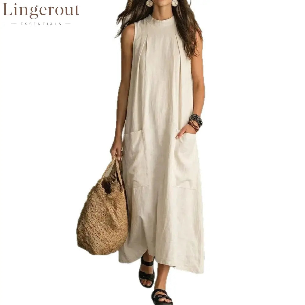 Loose Pocket Sleeveless Linen Blend Maxi Dress