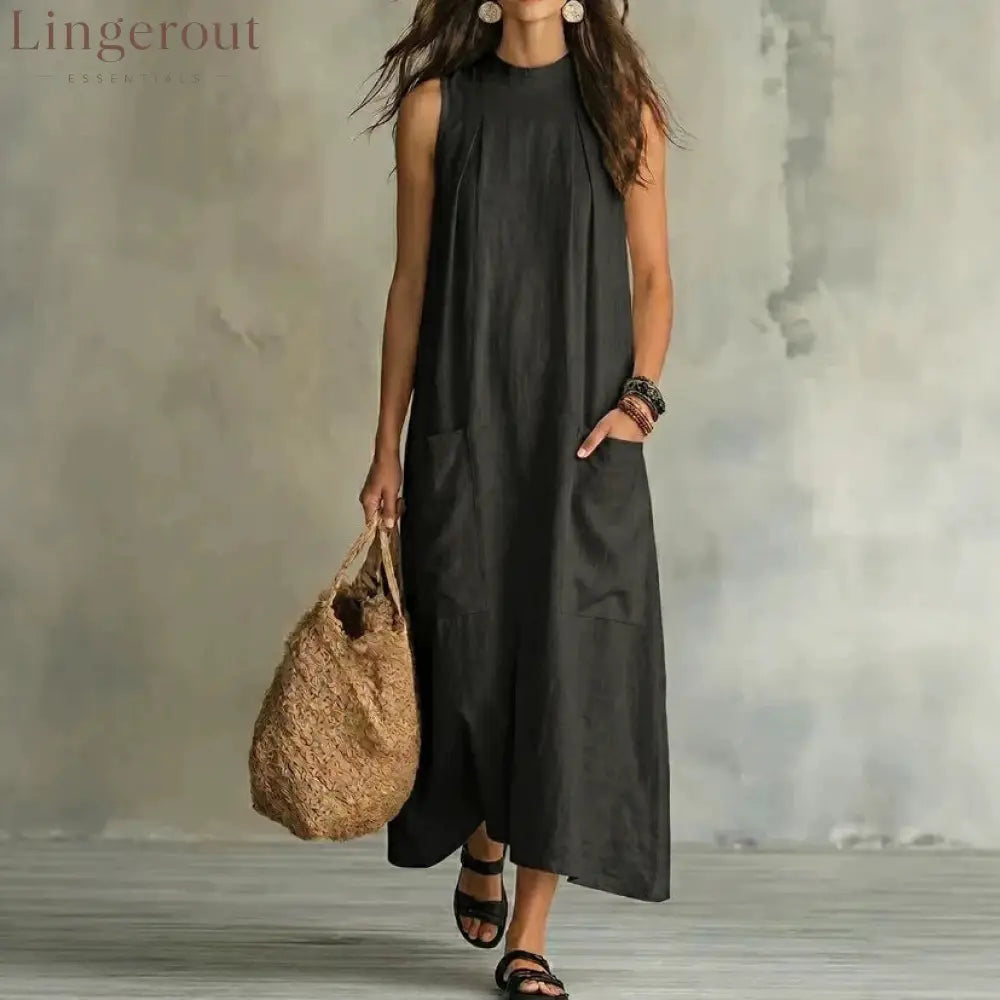Loose Pocket Sleeveless Linen Blend Maxi Dress