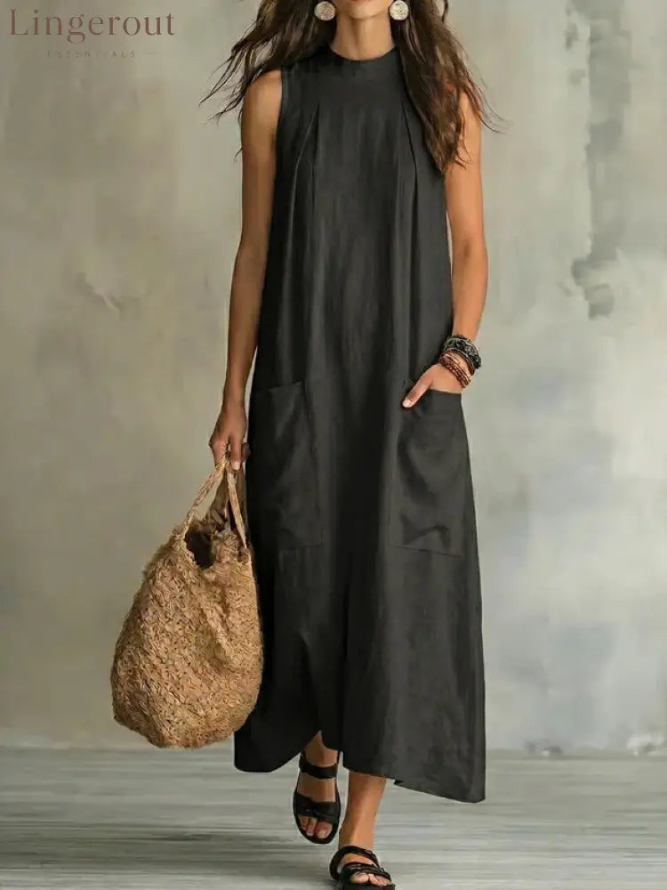 Loose Pocket Sleeveless Linen Blend Maxi Dress - Black / S