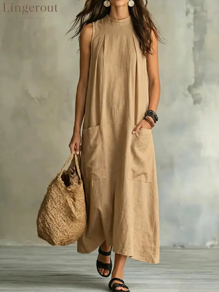 Loose Pocket Sleeveless Linen Blend Maxi Dress - Khaki / S