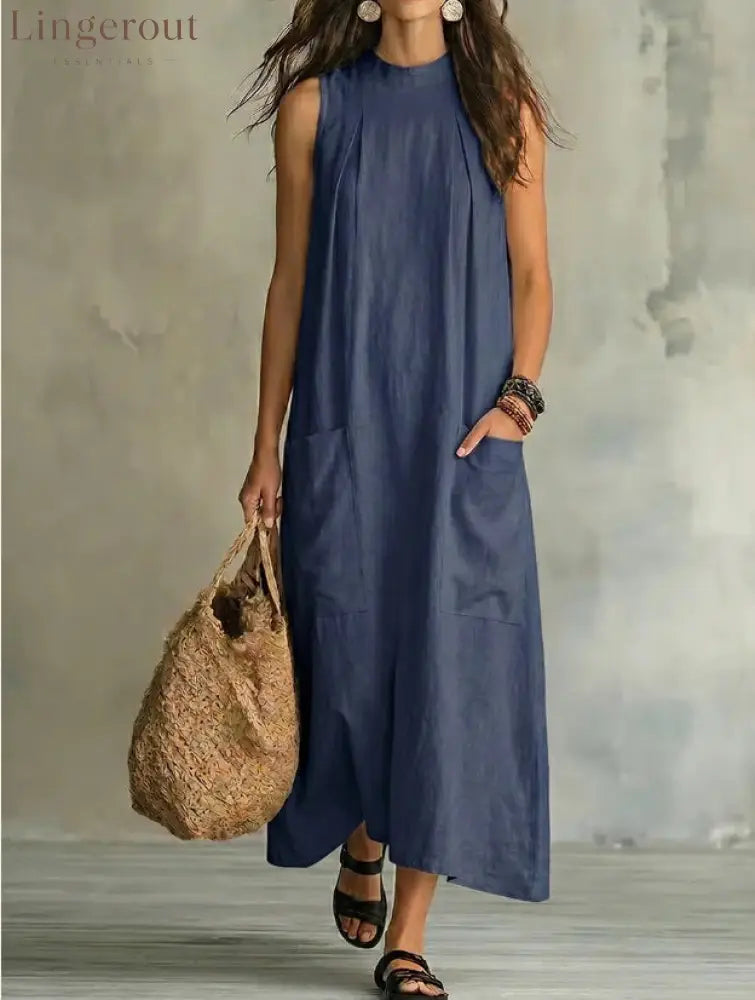 Loose Pocket Sleeveless Linen Blend Maxi Dress - Navy blue / S